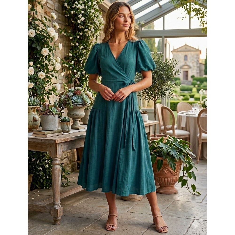 böhme Blue Solid V-Neck Wrap Midi Dress Puff Sleeve Tie Waist Lined Size XS